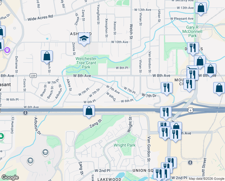 map of restaurants, bars, coffee shops, grocery stores, and more near 12710 West 6th Place in Golden
