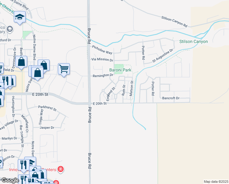 map of restaurants, bars, coffee shops, grocery stores, and more near 1710 Lawler Street in Chico