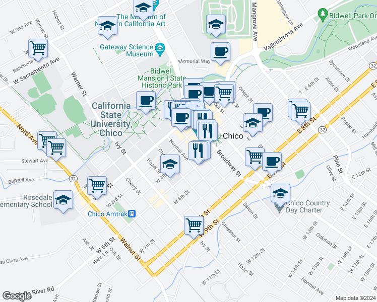 map of restaurants, bars, coffee shops, grocery stores, and more near 321 Normal Avenue in Chico