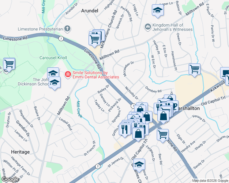 map of restaurants, bars, coffee shops, grocery stores, and more near 2409 Ivanhoe Lane in Wilmington