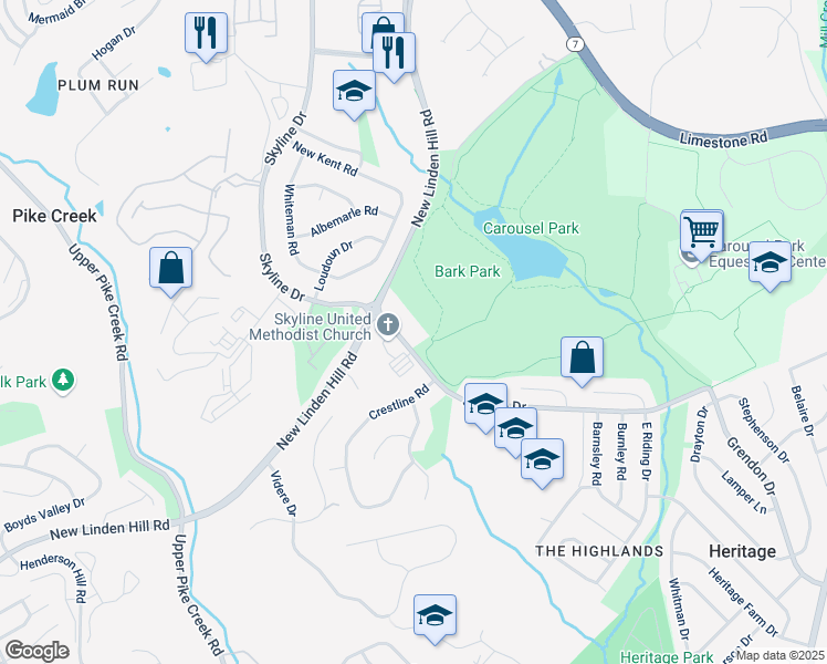 map of restaurants, bars, coffee shops, grocery stores, and more near 3101 Skyline Drive in Wilmington