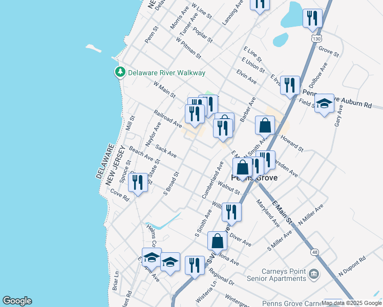map of restaurants, bars, coffee shops, grocery stores, and more near 75 South Broad Street in Penns Grove