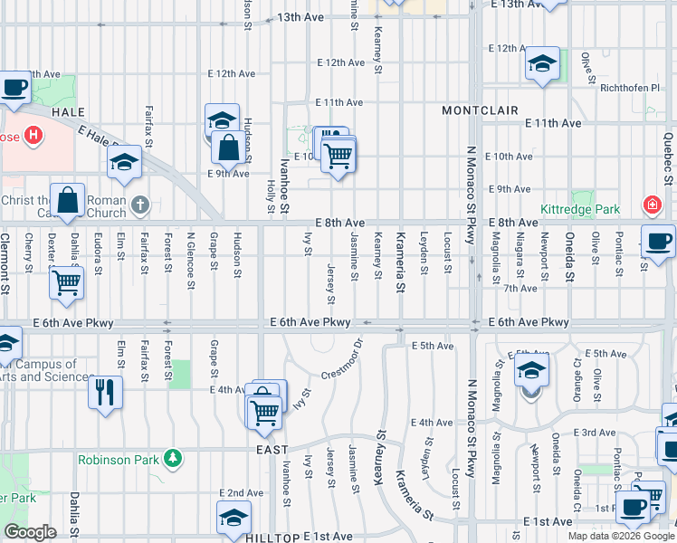 map of restaurants, bars, coffee shops, grocery stores, and more near 728 Jersey Street in Denver