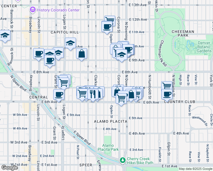 map of restaurants, bars, coffee shops, grocery stores, and more near 915 East 7th Avenue in Denver