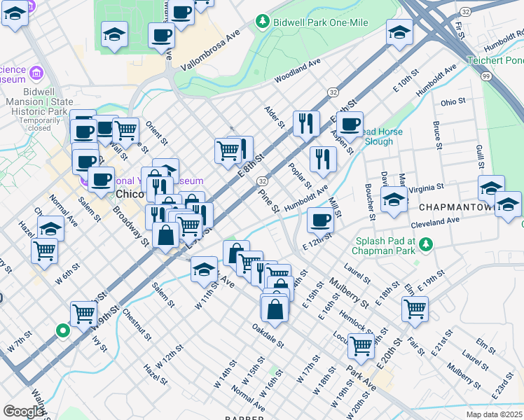 map of restaurants, bars, coffee shops, grocery stores, and more near 971 Olive Street in Chico