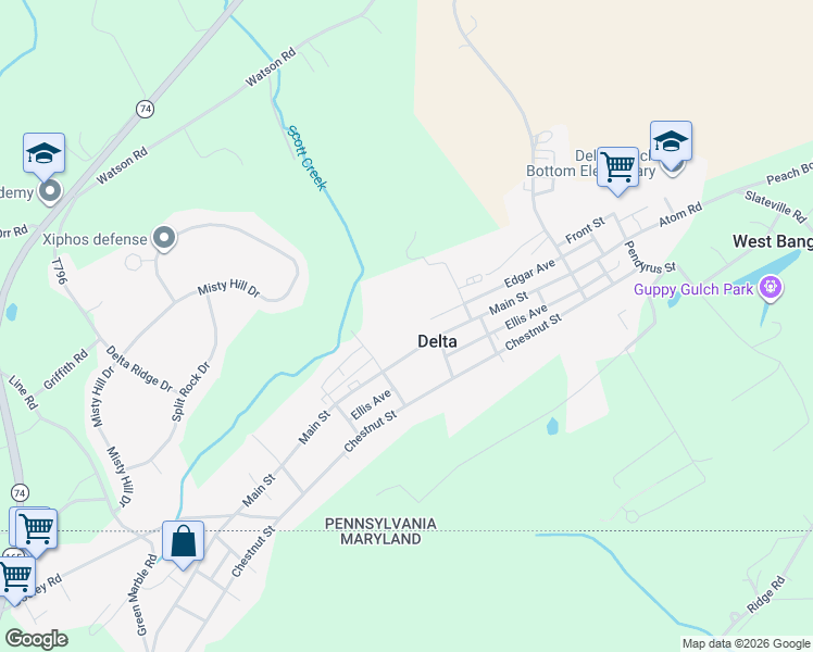 map of restaurants, bars, coffee shops, grocery stores, and more near 529 Main Street in Delta