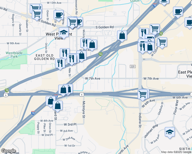 map of restaurants, bars, coffee shops, grocery stores, and more near 701 Loveland Street in Golden