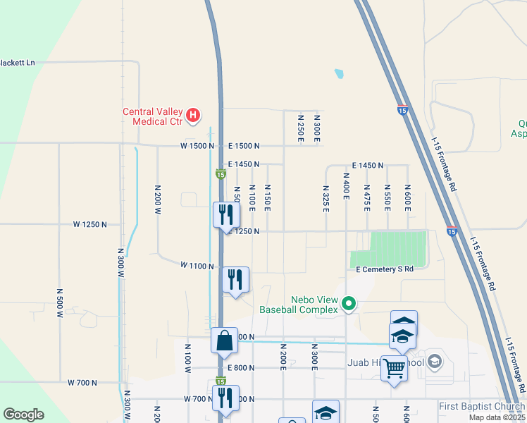 map of restaurants, bars, coffee shops, grocery stores, and more near 1303 North 150 East in Nephi