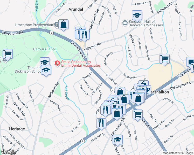 map of restaurants, bars, coffee shops, grocery stores, and more near 2409 Ivanhoe Lane in Wilmington