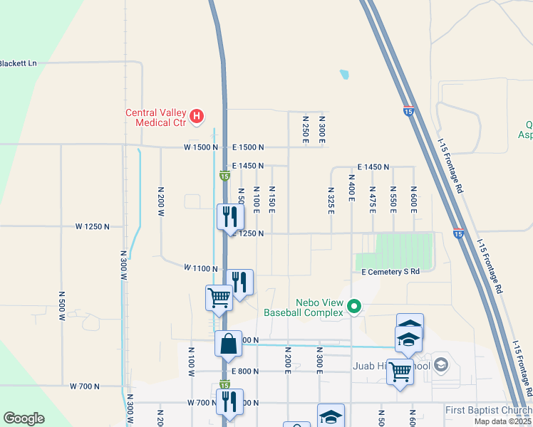 map of restaurants, bars, coffee shops, grocery stores, and more near 1303 North 150 East in Nephi