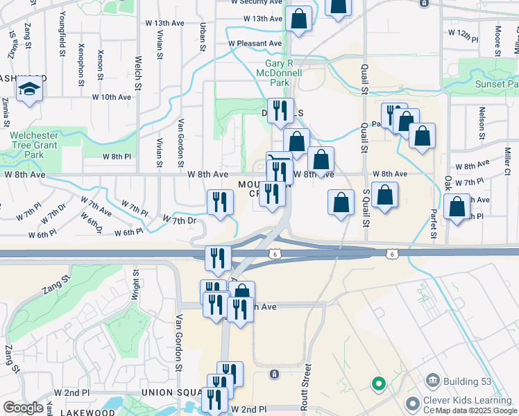 map of restaurants, bars, coffee shops, grocery stores, and more near 750 Tabor Street in Golden