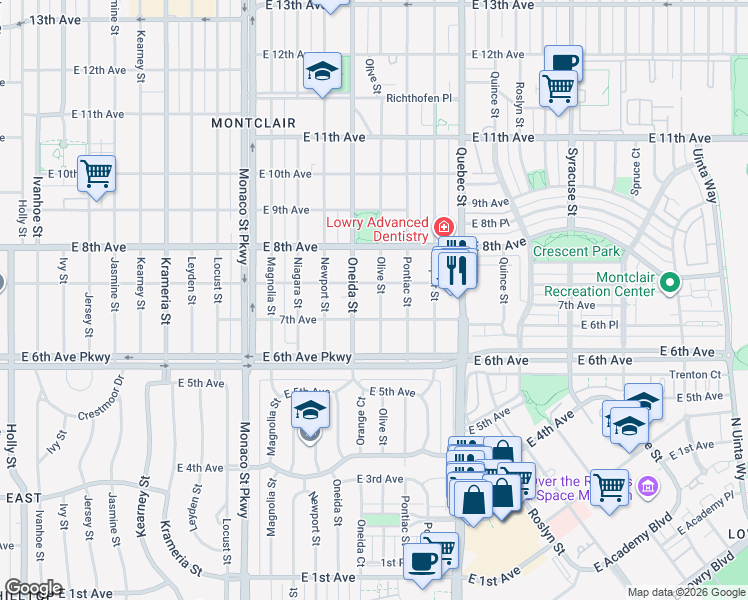 map of restaurants, bars, coffee shops, grocery stores, and more near 727 Olive Street in Denver