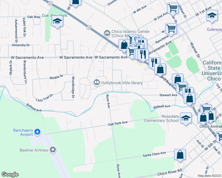 map of restaurants, bars, coffee shops, grocery stores, and more near 605 Oak Lawn Avenue in Chico