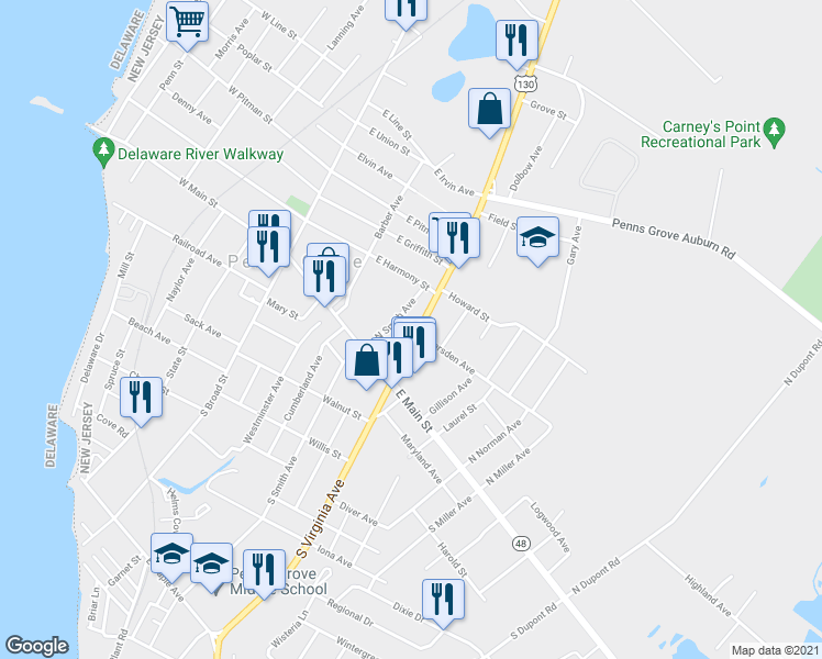 map of restaurants, bars, coffee shops, grocery stores, and more near 4 North Virginia Avenue in Penns Grove