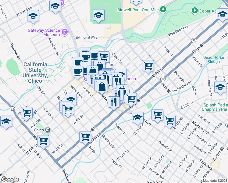 map of restaurants, bars, coffee shops, grocery stores, and more near 540 Main Street in Chico