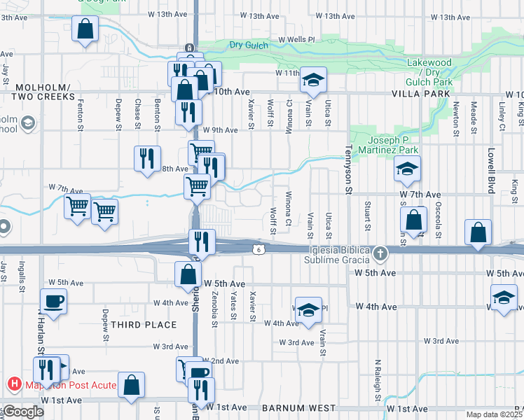 map of restaurants, bars, coffee shops, grocery stores, and more near 645 Wolff Street in Denver