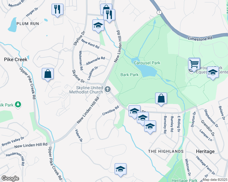 map of restaurants, bars, coffee shops, grocery stores, and more near 3101 Skyline Drive in Wilmington