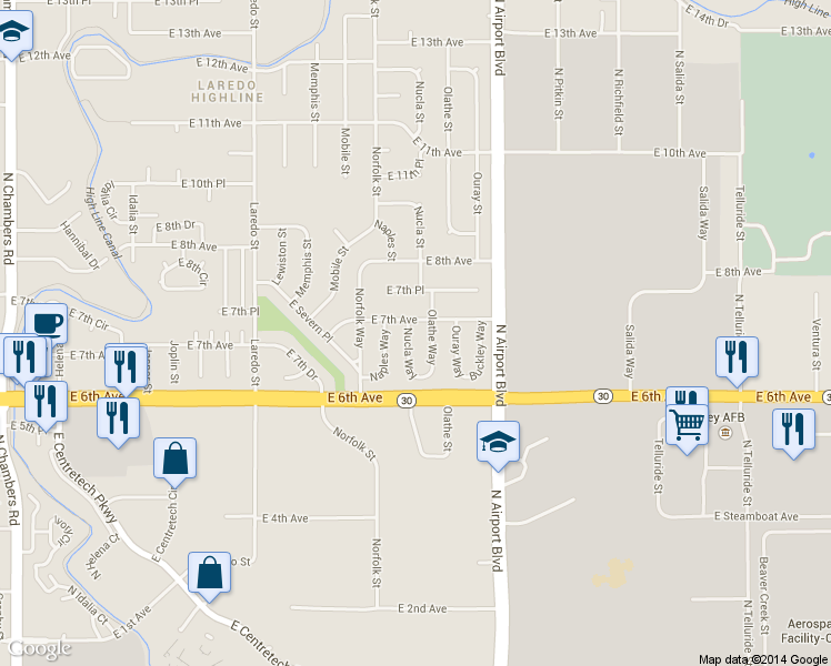 map of restaurants, bars, coffee shops, grocery stores, and more near 680 Nucla Way in Aurora