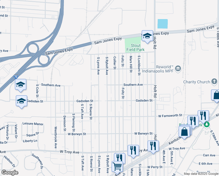 map of restaurants, bars, coffee shops, grocery stores, and more near 2609 South Rybolt Avenue in Indianapolis