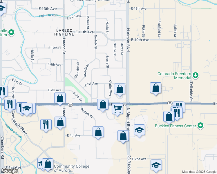 map of restaurants, bars, coffee shops, grocery stores, and more near 680 Nucla Way in Aurora