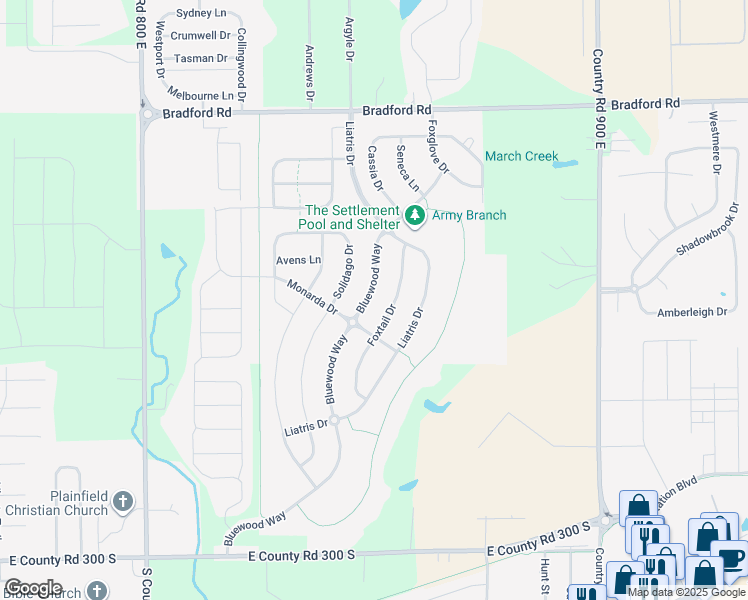 map of restaurants, bars, coffee shops, grocery stores, and more near 2432 Bluewood Way in Plainfield