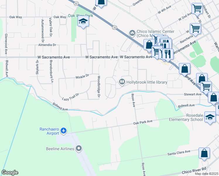 map of restaurants, bars, coffee shops, grocery stores, and more near 65 Sunbury Road in Chico