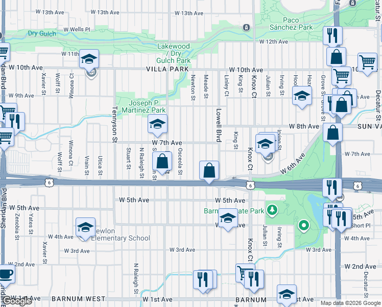 map of restaurants, bars, coffee shops, grocery stores, and more near 649 Newton Street in Denver