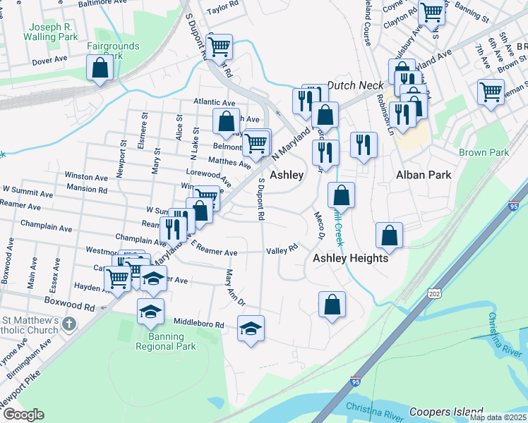 map of restaurants, bars, coffee shops, grocery stores, and more near 204 South Dupont Road in Wilmington