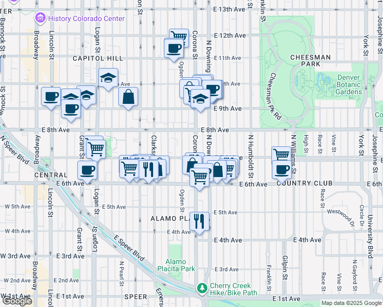 map of restaurants, bars, coffee shops, grocery stores, and more near 707 Corona Street in Denver