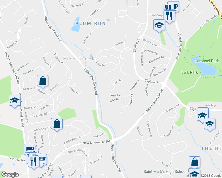 map of restaurants, bars, coffee shops, grocery stores, and more near 4503 Birch Circle in Wilmington