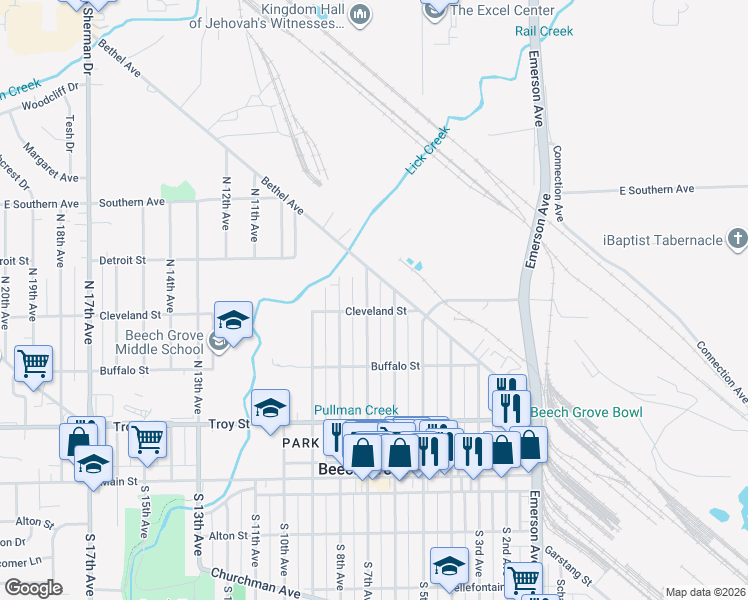 map of restaurants, bars, coffee shops, grocery stores, and more near 309 North 7th Avenue in Beech Grove