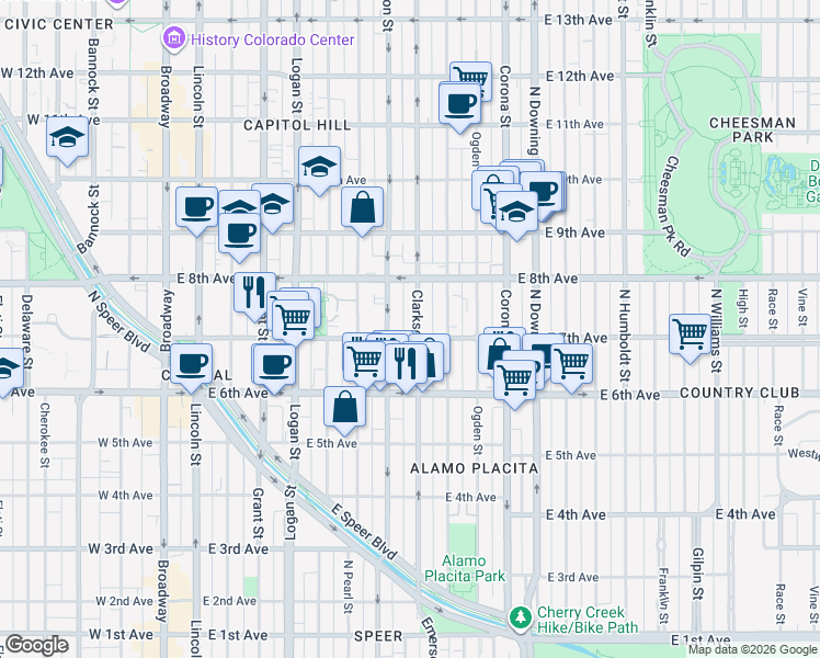 map of restaurants, bars, coffee shops, grocery stores, and more near 709 North Clarkson street in Denver