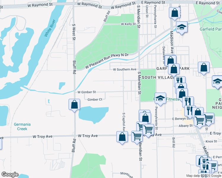 map of restaurants, bars, coffee shops, grocery stores, and more near 150 West Gimber Street in Indianapolis