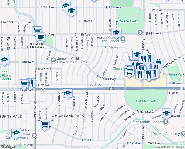 map of restaurants, bars, coffee shops, grocery stores, and more near 765 Newark Street in Aurora