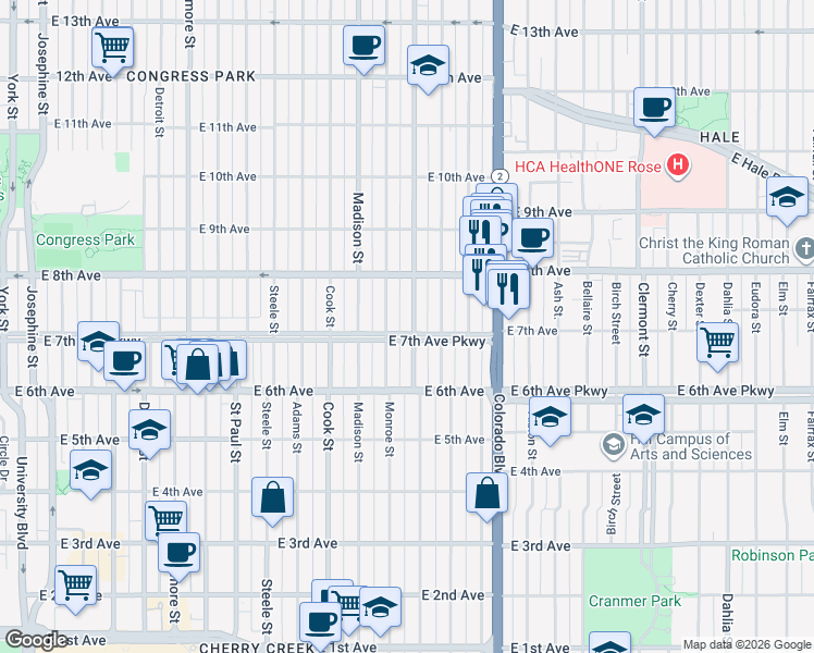map of restaurants, bars, coffee shops, grocery stores, and more near 3631 East 7th Avenue Parkway in Denver