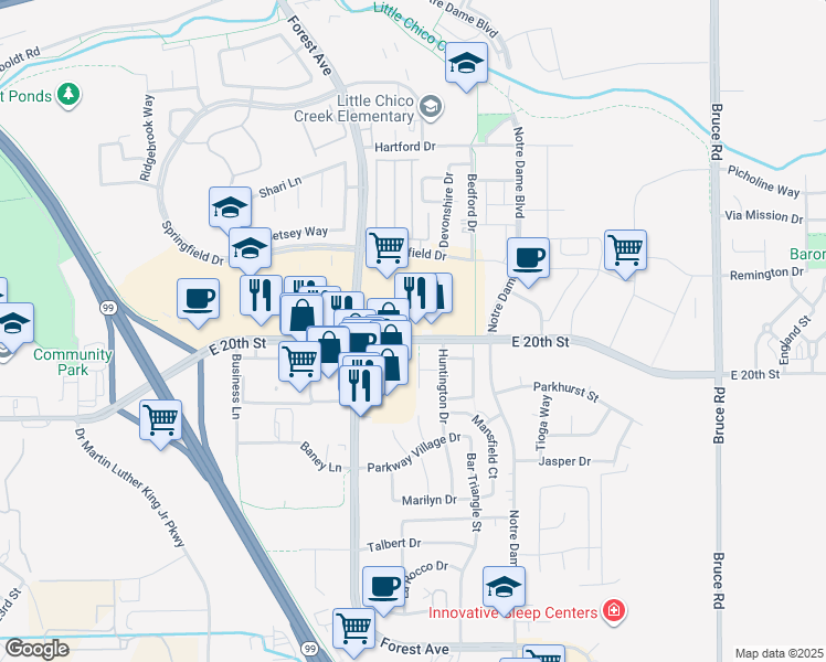 map of restaurants, bars, coffee shops, grocery stores, and more near 2070 East 20th Street in Chico