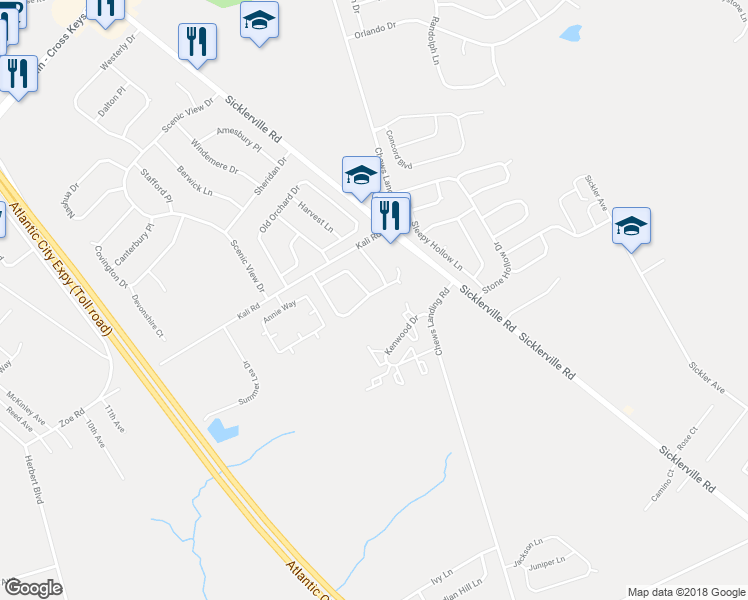 map of restaurants, bars, coffee shops, grocery stores, and more near 48 Pondview Lane in Winslow Township