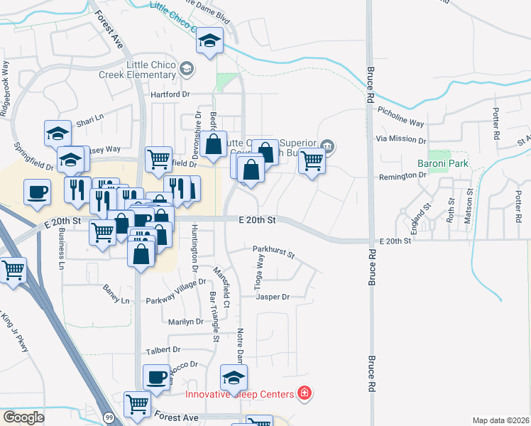 map of restaurants, bars, coffee shops, grocery stores, and more near 1998 Alcott Avenue in Chico
