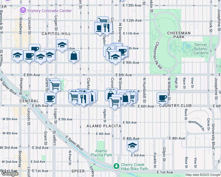 map of restaurants, bars, coffee shops, grocery stores, and more near 707 Corona Street in Denver