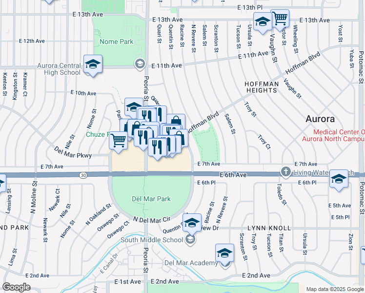 map of restaurants, bars, coffee shops, grocery stores, and more near 142 E Del Mar Circle in Aurora
