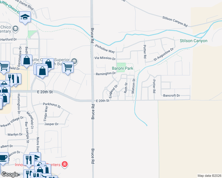 map of restaurants, bars, coffee shops, grocery stores, and more near 2368 McGie Street in Chico