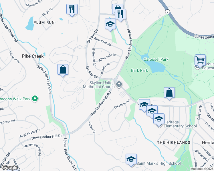 map of restaurants, bars, coffee shops, grocery stores, and more near 5410 Valley Green Drive in Wilmington