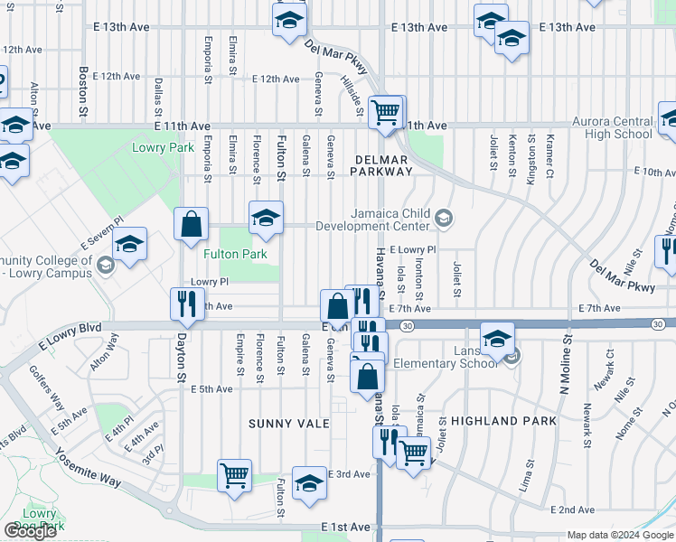 map of restaurants, bars, coffee shops, grocery stores, and more near 738 Geneva Street in Aurora