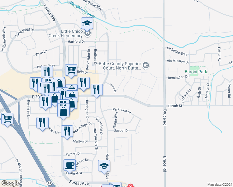 map of restaurants, bars, coffee shops, grocery stores, and more near 1998 Alcott Avenue in Chico
