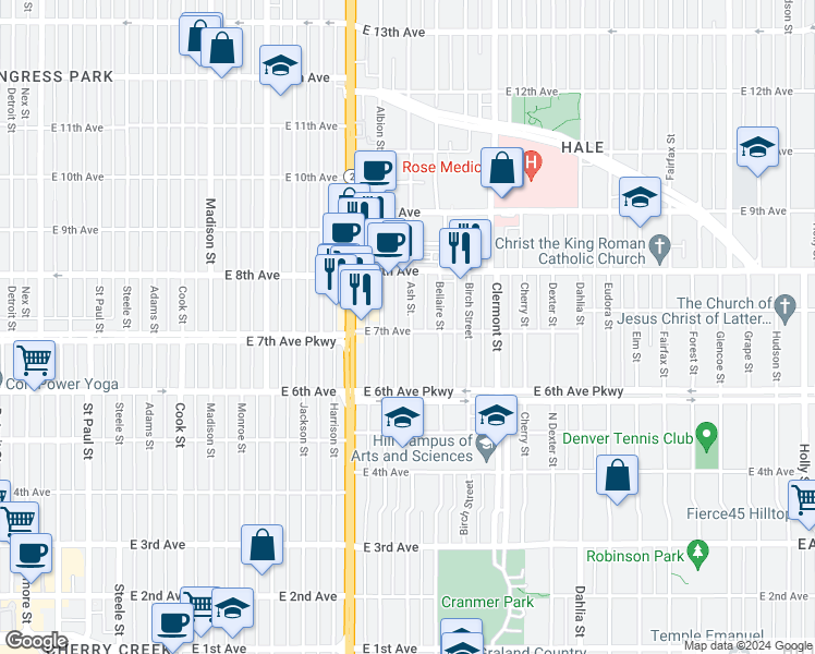 map of restaurants, bars, coffee shops, grocery stores, and more near 701 Ash Street in Denver