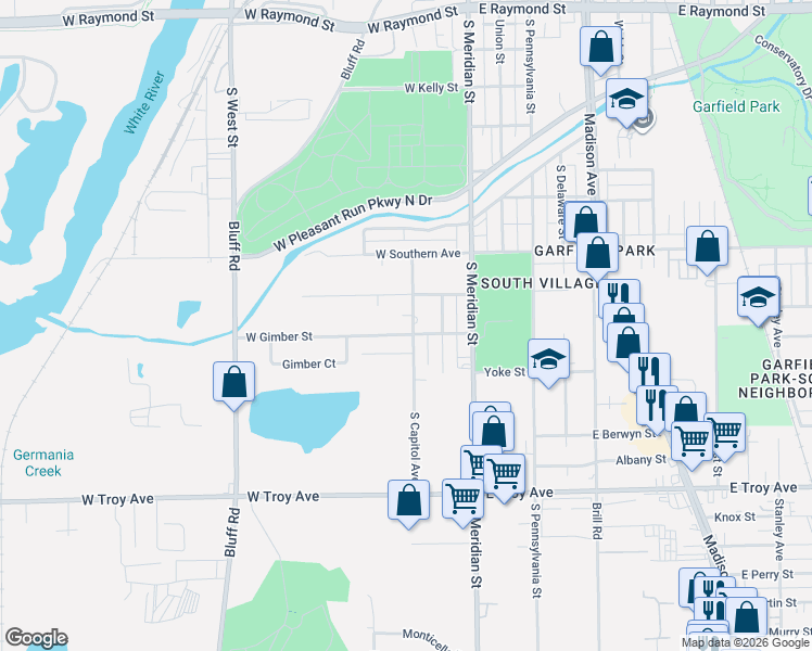 map of restaurants, bars, coffee shops, grocery stores, and more near 114 W Gimber St in Indianapolis