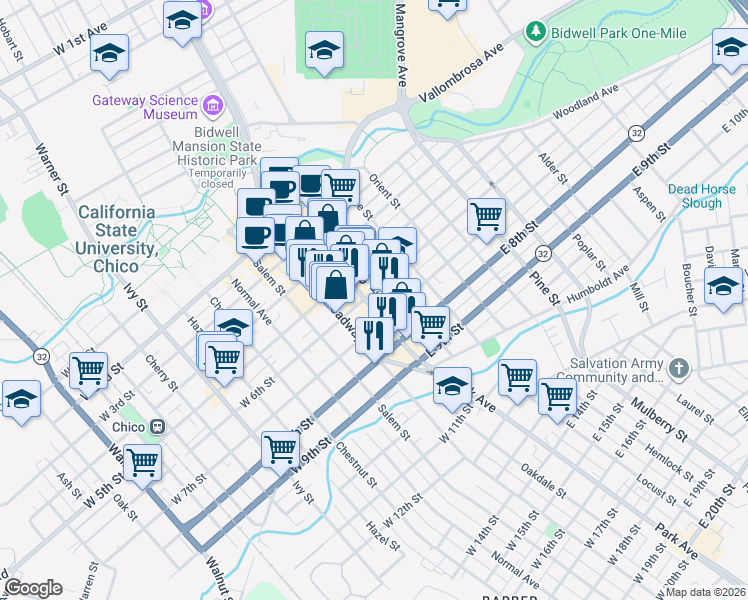 map of restaurants, bars, coffee shops, grocery stores, and more near 601 Main Street in Chico