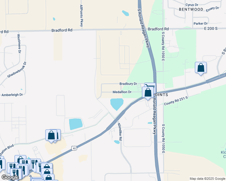 map of restaurants, bars, coffee shops, grocery stores, and more near 10124 Medallion Drive in Indianapolis