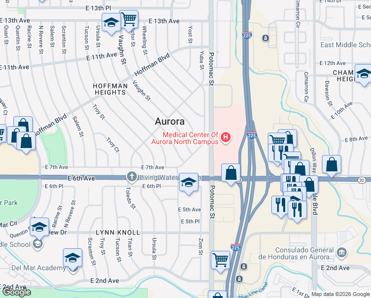 map of restaurants, bars, coffee shops, grocery stores, and more near 729 Vaughn Street in Aurora