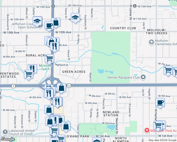 map of restaurants, bars, coffee shops, grocery stores, and more near 675 Reed Street in Lakewood